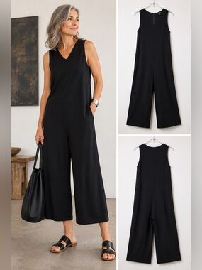 Eileen Fisher Classic Black Knit Women’s Wide Leg Lagenlook Jumpsuit Sz XS